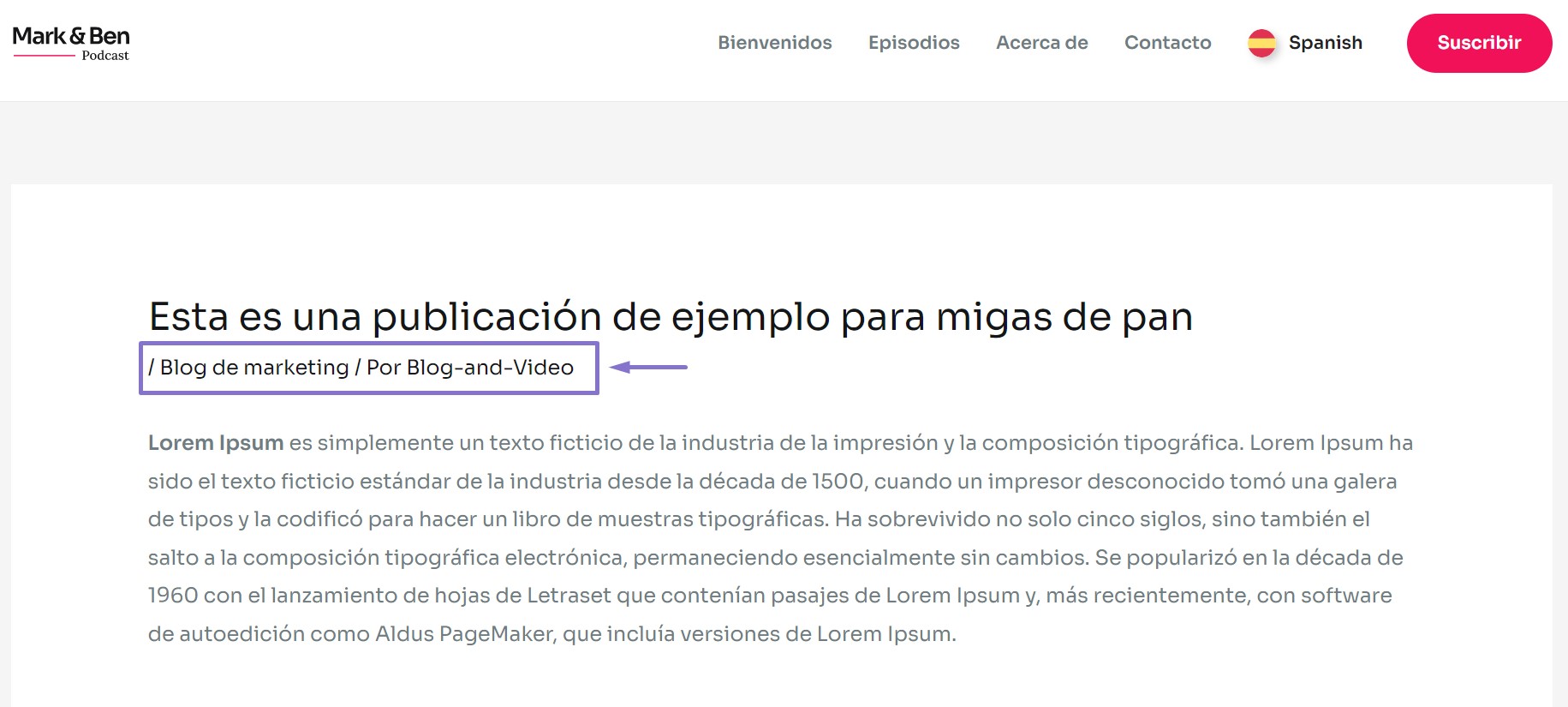 traduzione automatica del contenuto del plugin WordPress - esempio di breadcrumb