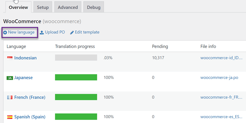 Como substituir o WooCommerce com traduções personalizadas - novo idioma