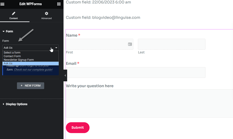 Como traduzir e editar automaticamente as traduções do plug-in WPForms - escolha o formulário que deseja exibir