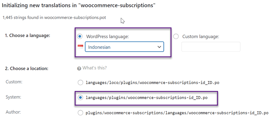 Cara menerjemahkan plugin langganan WooCommerce-pilih bahasa langganan WooCommerce