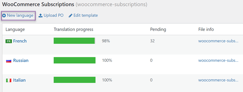 How to translate WooCommerce subscriptions plugin-click new language WooCommerce subscriptions