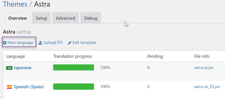 Cara menerjemahkan string plugin dan string tema di WordPress -klik string tema bahasa baru