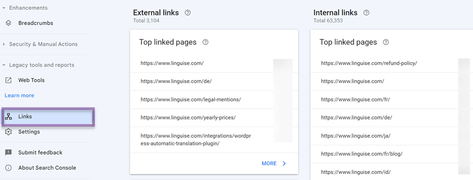 How to setup the Google Search Console for multilingual websites-top linked pages