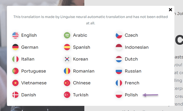 Web サイトをポーランド語またはポーランド語から翻訳する方法 - 「ポーランド語」をクリック