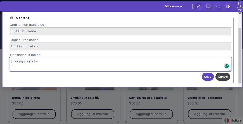 Linguise dell&#39;editor dal vivo