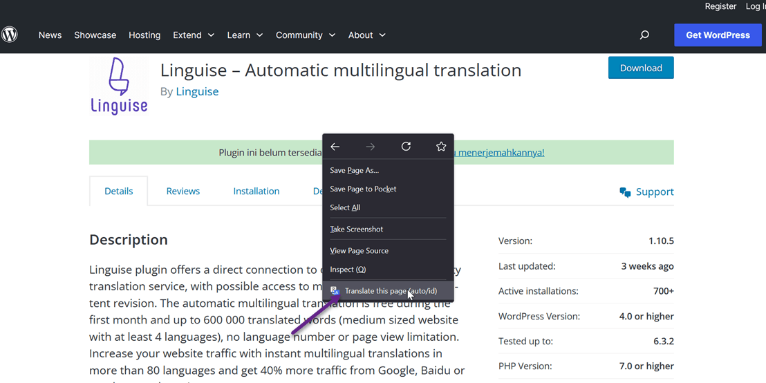 Een website vertalen - klik op vertalen in Firefox