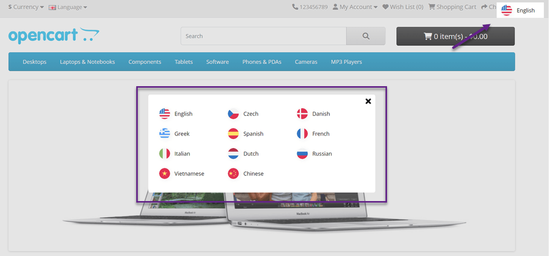 Cómo configurar el selector de idiomas para OpenCart selector de idiomas en pantalla