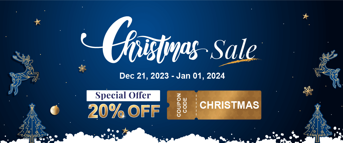 Banner de rebajas navideñas con un 20% de descuento. Descuento especial para estas fiestas.