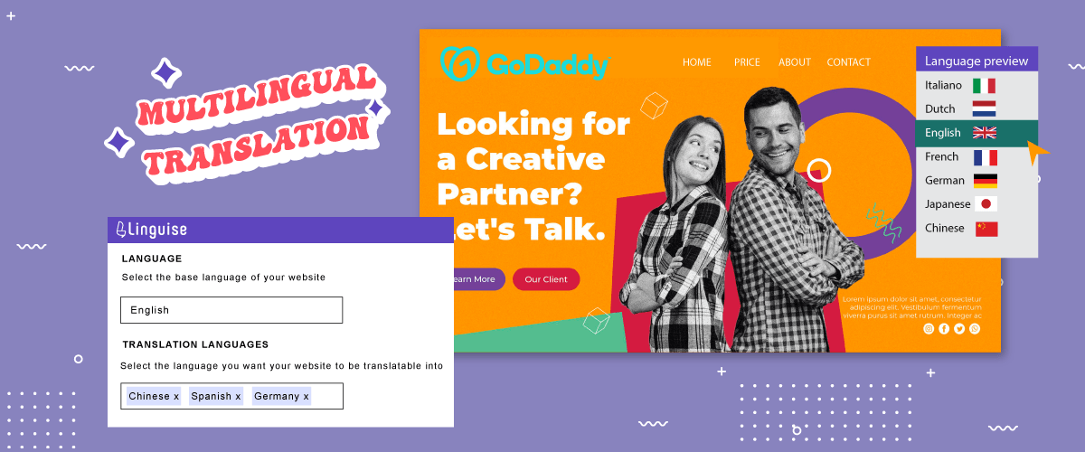 Interface de création de site web GoDaddy avec deux personnes