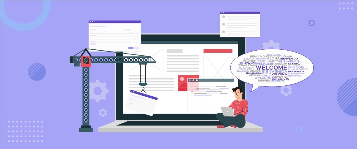 Una ilustración colorida de un sitio web en una computadora portátil con elementos animados.