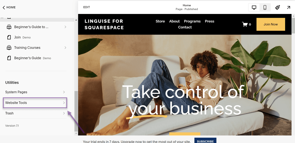 cliquez sur les outils du site web - Bouton de langue Squarespace