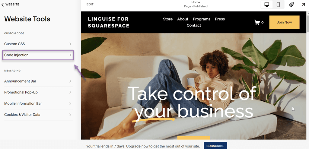 injeksi kode - Tombol bahasa Squarespace