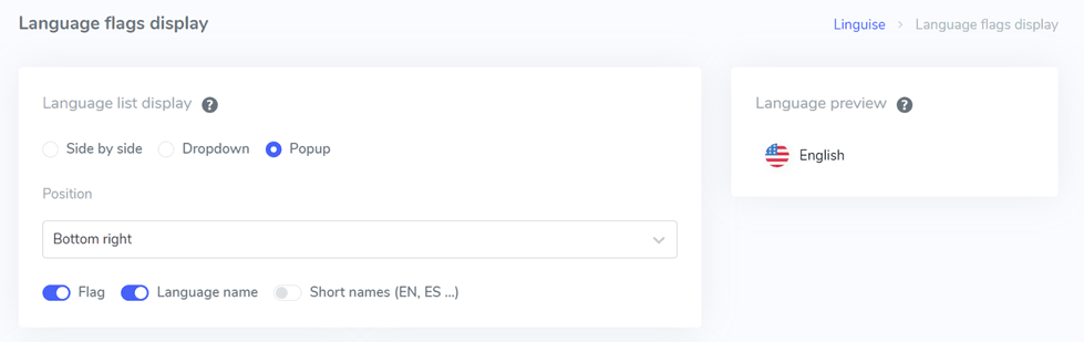 Visualizzazione delle bandiere della lingua: pulsante della lingua Squarespace