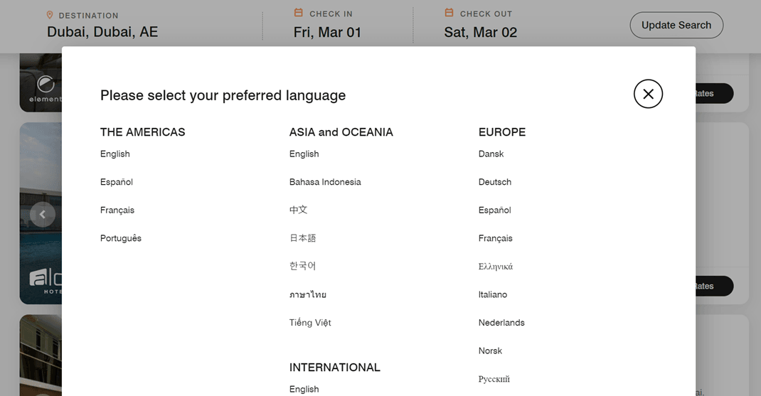 conmutador de idiomas: sitio web de reservas en varios idiomas