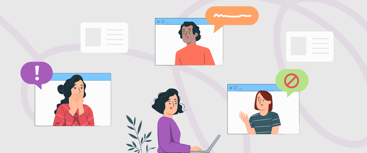 Illustration of people working remotely together. Virtual meeting with coworkers.