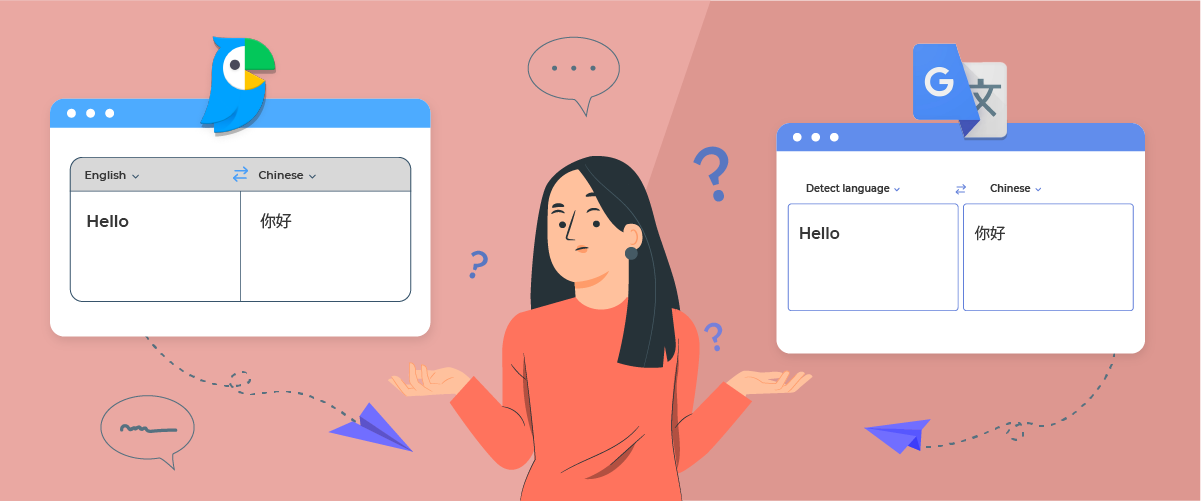 Kobieta w pomarańczowej koszulce patrzy zdezorientowana między dwoma oknami przeglądarki, jednym z wyszukiwarką Google i drugim z wyszukiwarką Bing.