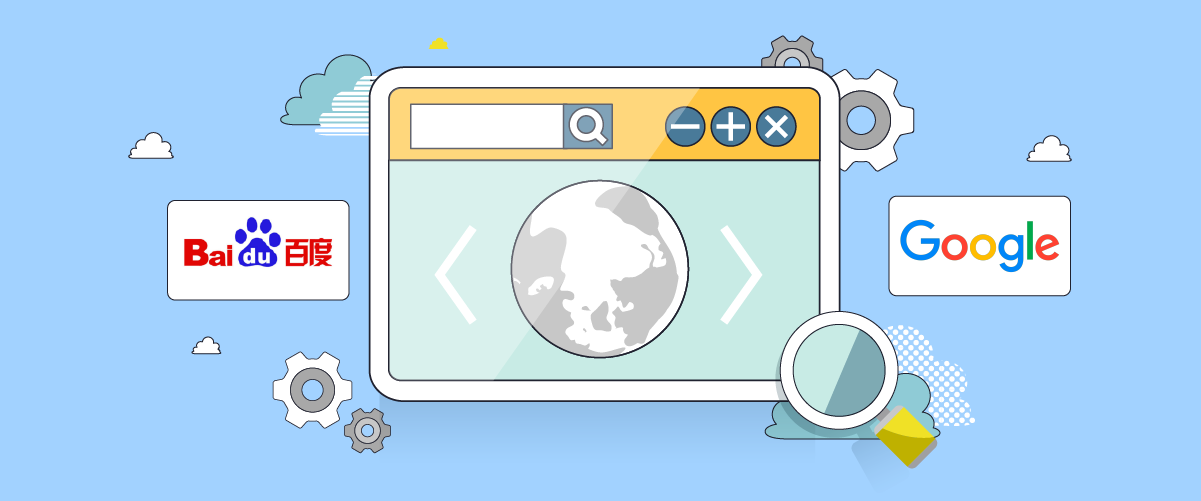 Grafik yang mengilustrasikan konsep SEO dengan jendela peramban, kaca pembesar, dan logo mesin pencari populer.