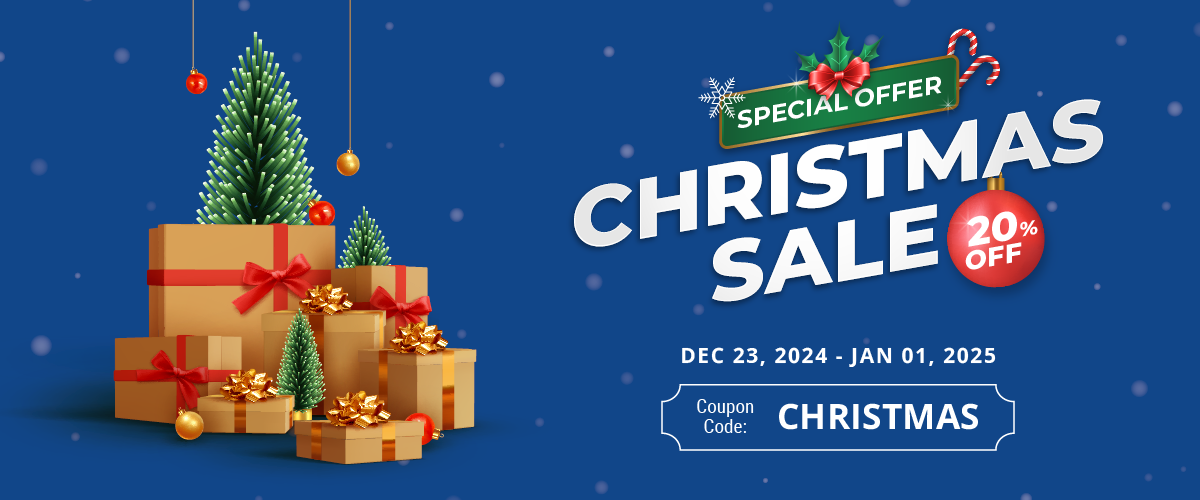 Banner de rebajas navideñas con regalos y árbol. Oferta especial: 20% de descuento.