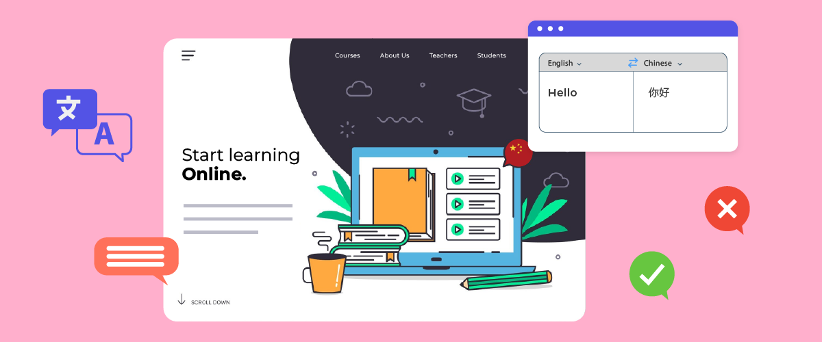 E-learning website interface with laptop and book