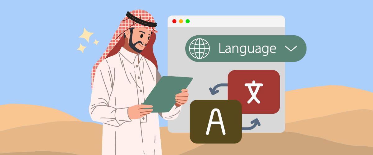 Hombre con ropa tradicional saudí traduce idiomas. Servicio de traducción.