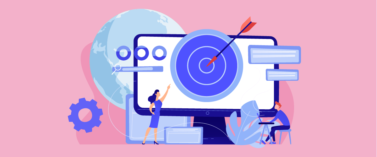 Ilustrație cu oameni care lucrează la un computer cu o țintă pe ecran. Imaginea reprezintă marketingul digital și direcționarea către publicul potrivit.