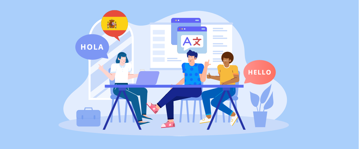 Menschen sitzen mit Laptops und lernen Sprachen. Sprachlernkonzept.