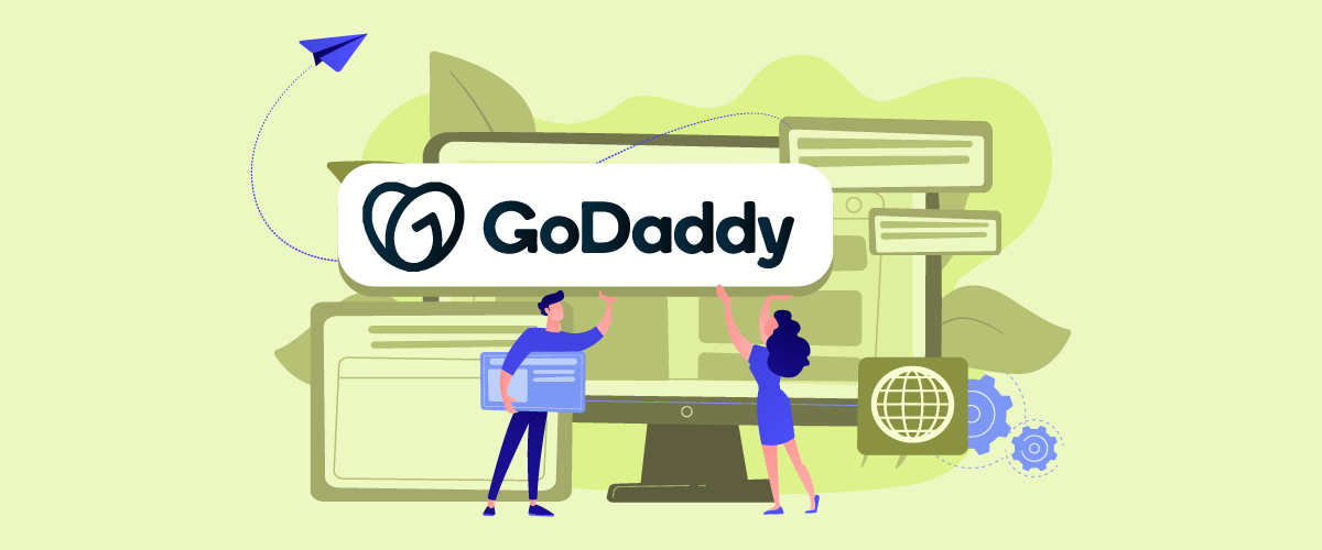 Sigla GoDaddy cu oameni care construiesc un site web