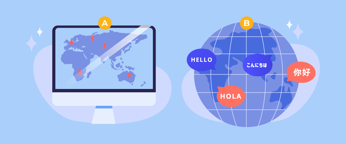 A computer with a world map and a globe with greetings.
