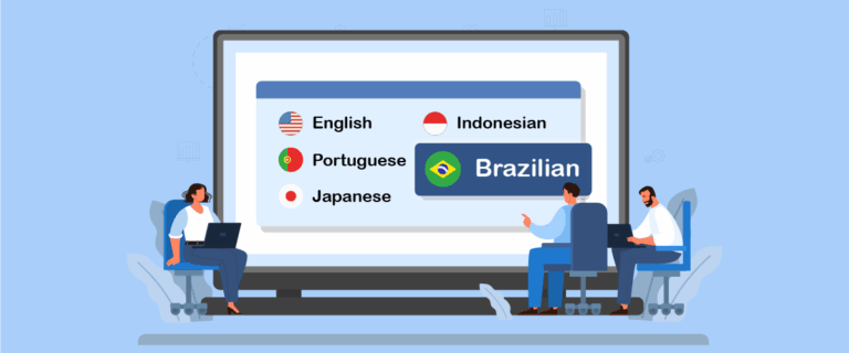 Personas aprendiendo idiomas en una computadora. Inglés, indonesio, portugués, japonés y brasileño.