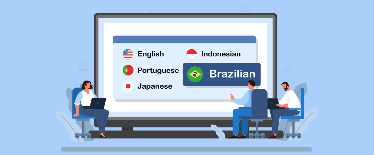 Люди вивчають мови за комп'ютером. Англійська, індонезійська, португальська, японська та бразильська мови.