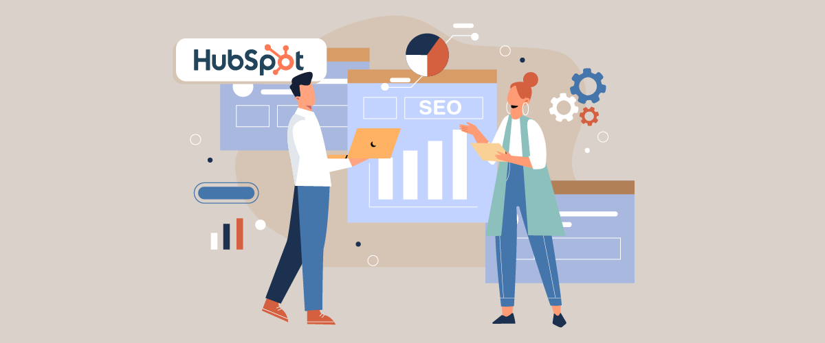 Zwei Fachleute analysieren SEO-Daten auf einem großen Bildschirm mit dem HubSpot-Logo