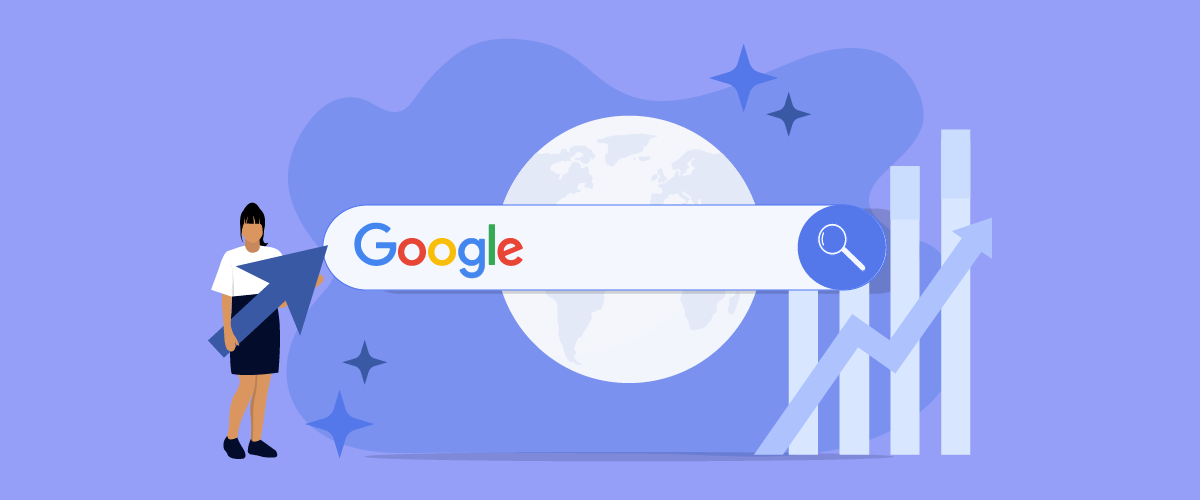 A cartoon person next to a large Google search bar