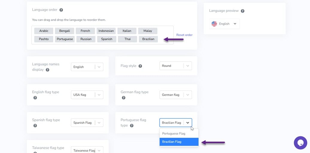 Langue et drapeau brésilien maintenant disponibles sur le tableau de bord Linguise et les intégrations CMS