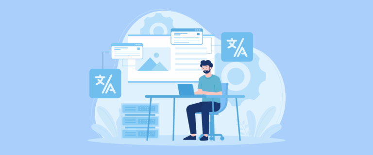 Man sitting at desk with laptop and data analysis graphics. Business and finance concept.