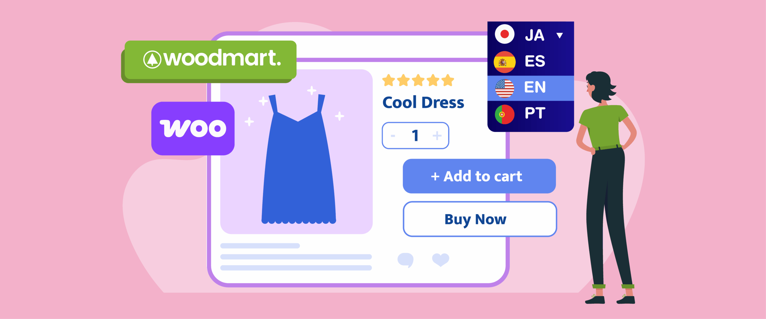 Pagină de produs pentru comerț electronic cu o rochie albastră și evaluări. Interfață pentru coșul de cumpărături online.