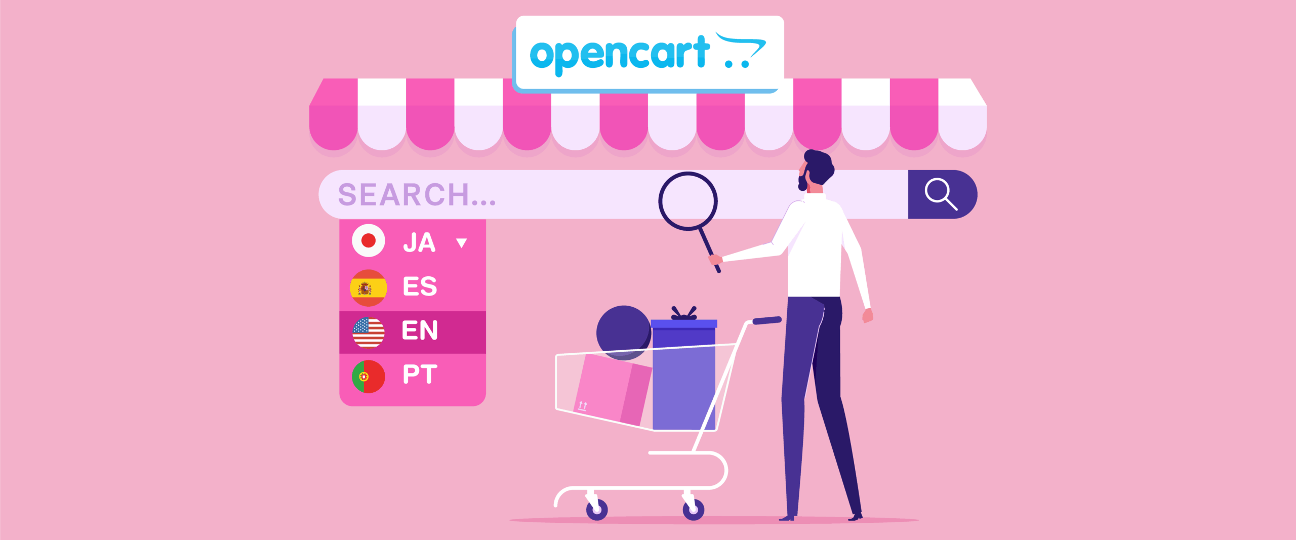 Людина здійснює пошук на вітрині магазину OpenCart . Магазин пропонує кілька мовних варіантів.