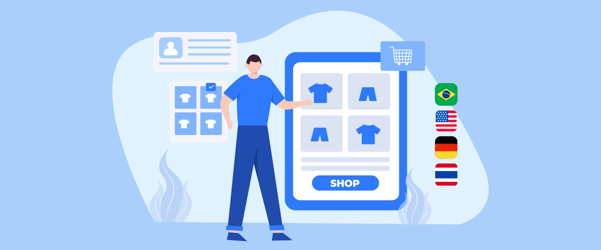 A man interacting with a large mobile phone displaying a multilingual e-commerce app. The app features various clothing items and a 'SHOP' button.