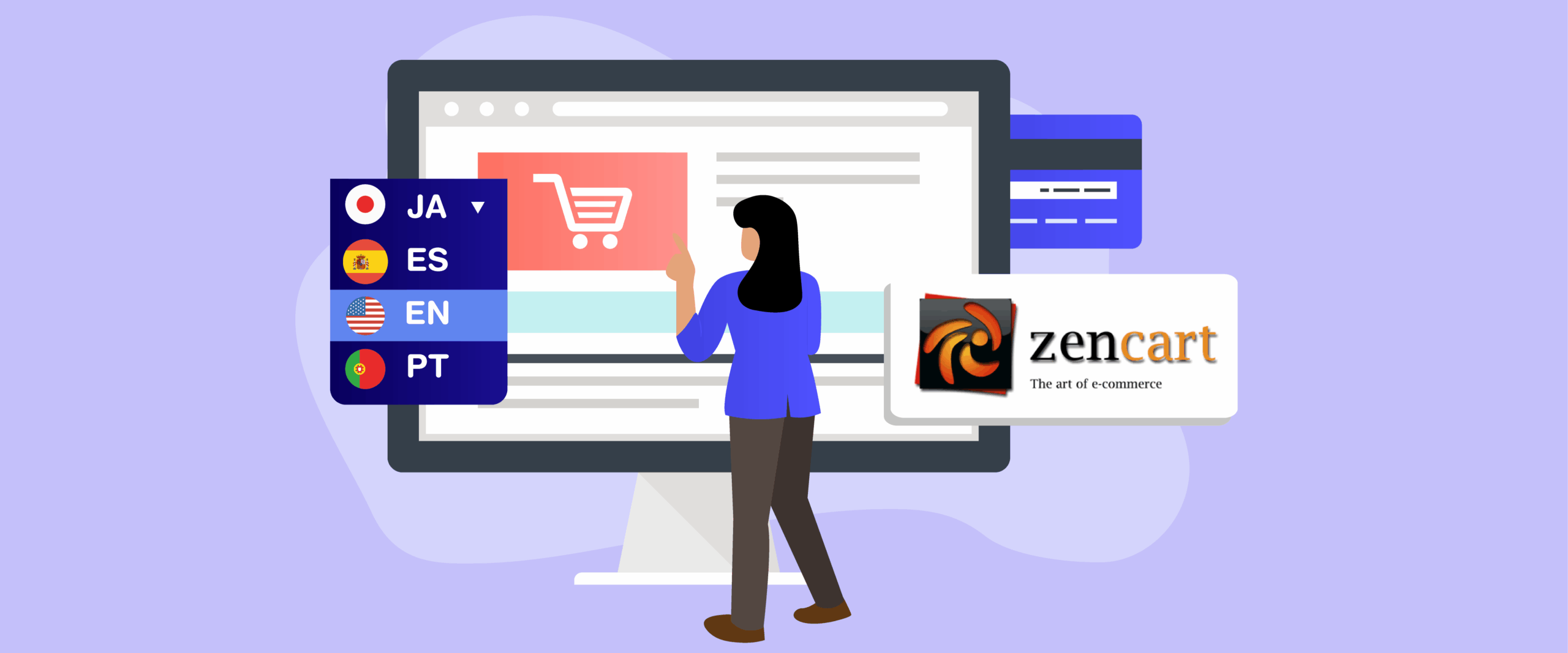 Жінка користується комп’ютером, на екрані якого зображено кошик для покупок. Платформа підтримує кілька мов.