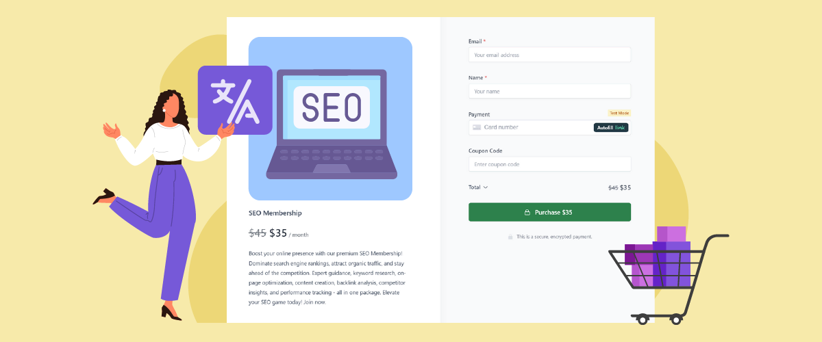 Ilustrație a unei femei care optimizează un site web pentru SEO. Un laptop cu SEO pe ecran.