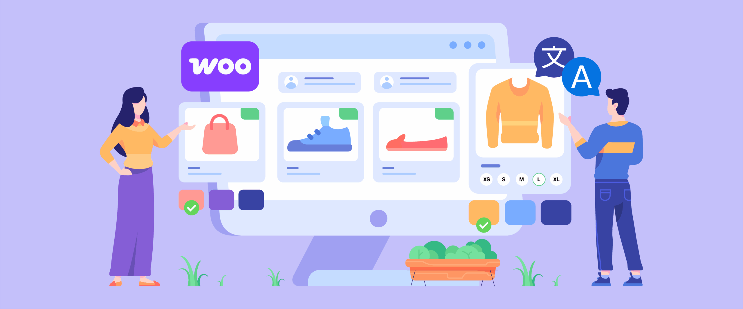 Ілюстрація сторінки продукту WooCommerce, на якій взаємодіє жінка та чоловік.