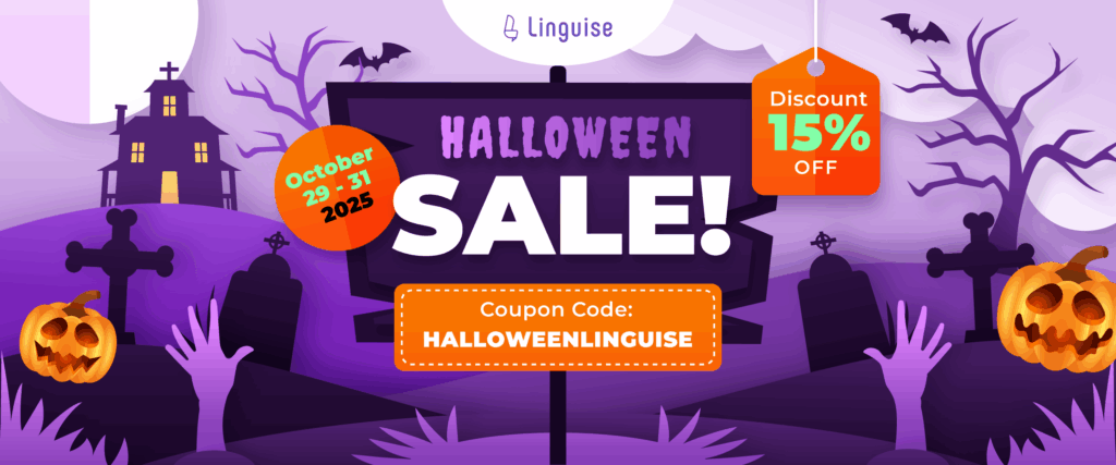 Banner de ofertas de Halloween 2025 Linguise con 15% de descuento y código de cupón HALLOWEENLINGUISE