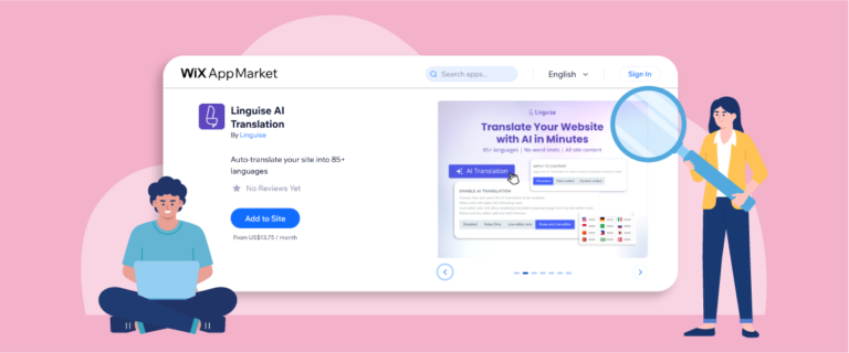  Wix アプリマーケットにあるAIウェブサイト翻訳ツールのイラスト。男性がノートパソコンを使用し、女性が虫眼鏡でアプリを調べている。.