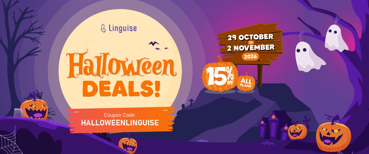 Banner penawaran Halloween Linguise 2026 dengan diskon 15% dan kode kupon HALLOWEENLINGUISE